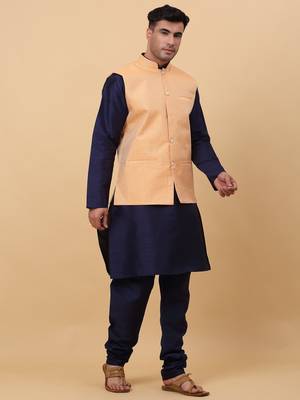 Men Navy Blue Kurta and Churidar with Peach sequence Striped Nehru Jacket 4