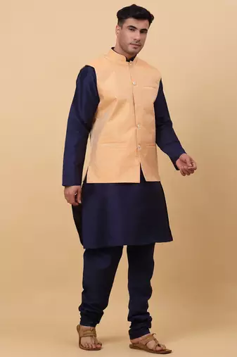 Men Navy Blue Kurta and Churidar with Peach sequence Striped Nehru Jacket