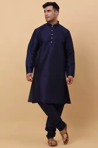 Men Navy Blue Kurta and Churidar with Peach sequence Striped Nehru Jacket