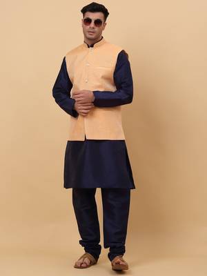 Men Navy Blue Kurta and Churidar with Peach sequence Striped Nehru Jacket 7