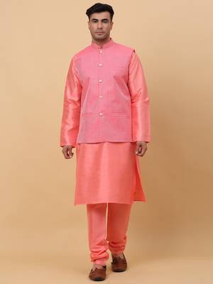 Men Pink Kurta and Churidar with Pink sequence Striped Nehru Jacket 1