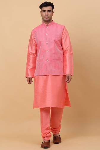 Men Pink Kurta and Churidar with Pink sequence Striped Nehru Jacket