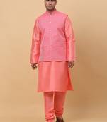 Men Pink Kurta and Churidar with Pink sequence Striped Nehru Jacket