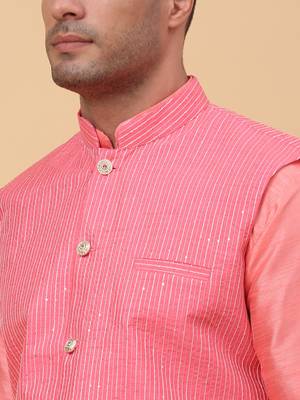 Men Pink Kurta and Churidar with Pink sequence Striped Nehru Jacket 2