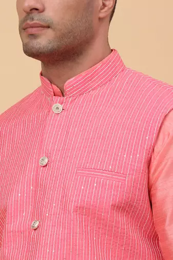 Men Pink Kurta and Churidar with Pink sequence Striped Nehru Jacket