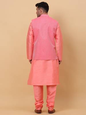 Men Pink Kurta and Churidar with Pink sequence Striped Nehru Jacket 3