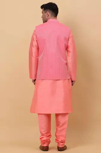Men Pink Kurta and Churidar with Pink sequence Striped Nehru Jacket