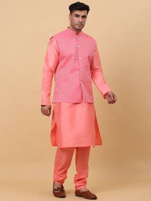 Men Pink Kurta and Churidar with Pink sequence Striped Nehru Jacket 4