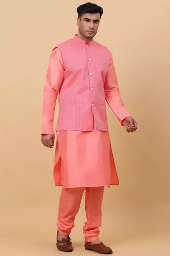 Men Pink Kurta and Churidar with Pink sequence Striped Nehru Jacket