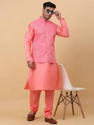 Men Pink Kurta and Churidar with Pink sequence Striped Nehru Jacket 7