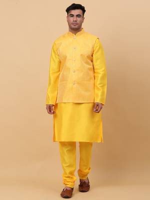 Men Yellow Kurta and Churidar with Yellow sequence Striped Nehru Jacket 1