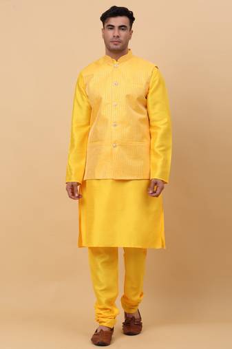 Men Yellow Kurta and Churidar with Yellow sequence Striped Nehru Jacket