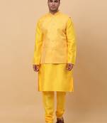 Men Yellow Kurta and Churidar with Yellow sequence Striped Nehru Jacket