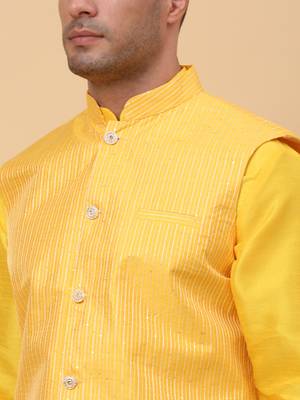 Men Yellow Kurta and Churidar with Yellow sequence Striped Nehru Jacket 2