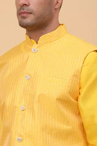 Men Yellow Kurta and Churidar with Yellow sequence Striped Nehru Jacket