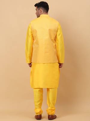 Men Yellow Kurta and Churidar with Yellow sequence Striped Nehru Jacket 3