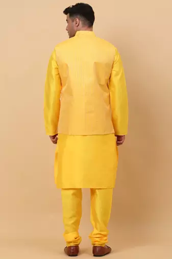 Men Yellow Kurta and Churidar with Yellow sequence Striped Nehru Jacket