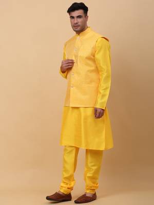 Men Yellow Kurta and Churidar with Yellow sequence Striped Nehru Jacket 4