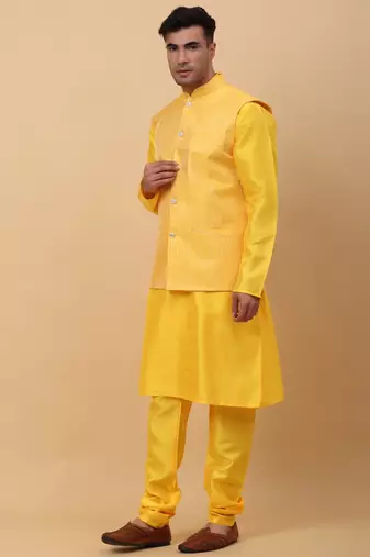 Men Yellow Kurta and Churidar with Yellow sequence Striped Nehru Jacket