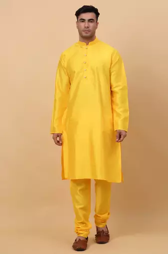 Men Yellow Kurta and Churidar with Yellow sequence Striped Nehru Jacket