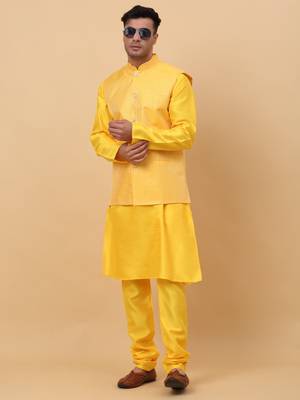 Men Yellow Kurta and Churidar with Yellow sequence Striped Nehru Jacket 7