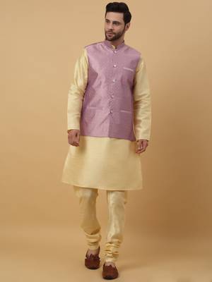 Men's Beige Kurta and Churidar With Sequenced Cotton Silk Nehru Jacket 1