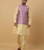 Men's Beige Kurta and Churidar With Sequenced Cotton Silk Nehru Jacket