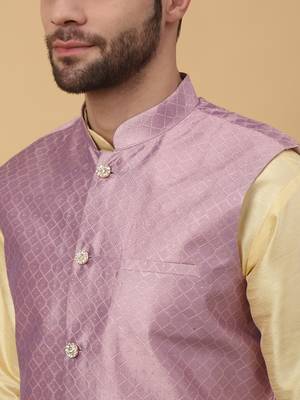 Men's Beige Kurta and Churidar With Sequenced Cotton Silk Nehru Jacket 2