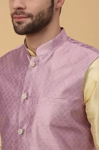 Men's Beige Kurta and Churidar With Sequenced Cotton Silk Nehru Jacket