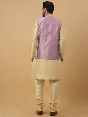 Men's Beige Kurta and Churidar With Sequenced Cotton Silk Nehru Jacket 3