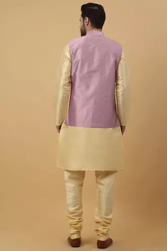 Men's Beige Kurta and Churidar With Sequenced Cotton Silk Nehru Jacket