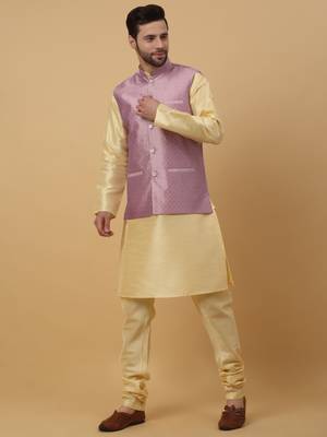 Men's Beige Kurta and Churidar With Sequenced Cotton Silk Nehru Jacket 6