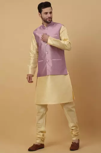 Men's Beige Kurta and Churidar With Sequenced Cotton Silk Nehru Jacket