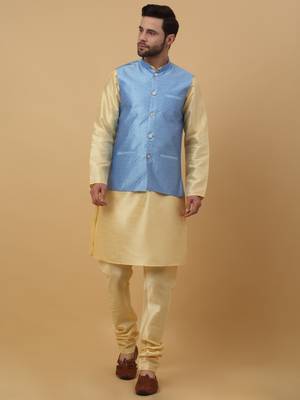 Men's Beige Kurta and Churidar With Sequenced Cotton Silk Nehru Jacket 1