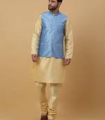 Men's Beige Kurta and Churidar With Sequenced Cotton Silk Nehru Jacket