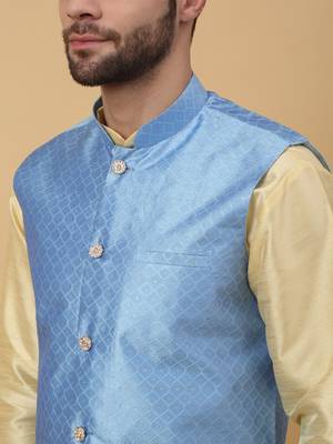 Men's Beige Kurta and Churidar With Sequenced Cotton Silk Nehru Jacket 2