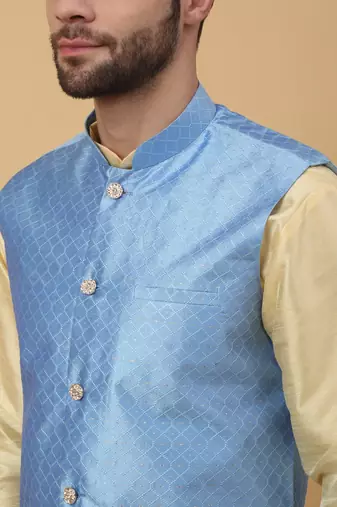 Men's Beige Kurta and Churidar With Sequenced Cotton Silk Nehru Jacket