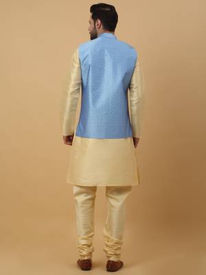 Men's Beige Kurta and Churidar With Sequenced Cotton Silk Nehru Jacket 3
