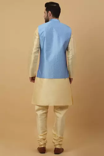 Men's Beige Kurta and Churidar With Sequenced Cotton Silk Nehru Jacket