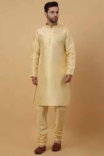 Men's Beige Kurta and Churidar With Sequenced Cotton Silk Nehru Jacket