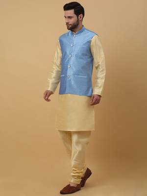 Men's Beige Kurta and Churidar With Sequenced Cotton Silk Nehru Jacket 6
