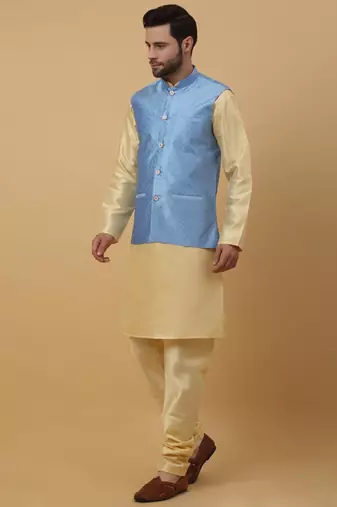 Men's Beige Kurta and Churidar With Sequenced Cotton Silk Nehru Jacket