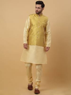 Men's Beige Kurta and Churidar With Sequenced Cotton Silk Nehru Jacket 1