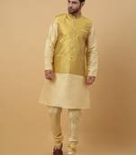 Men's Beige Kurta and Churidar With Sequenced Cotton Silk Nehru Jacket