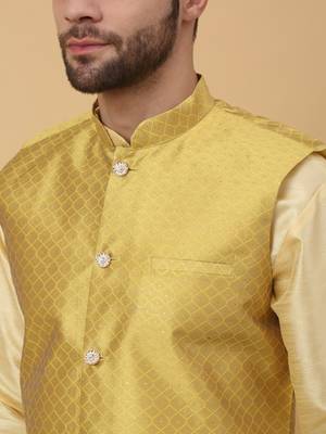 Men's Beige Kurta and Churidar With Sequenced Cotton Silk Nehru Jacket 2