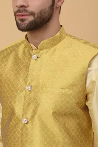 Men's Beige Kurta and Churidar With Sequenced Cotton Silk Nehru Jacket