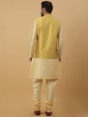 Men's Beige Kurta and Churidar With Sequenced Cotton Silk Nehru Jacket 3