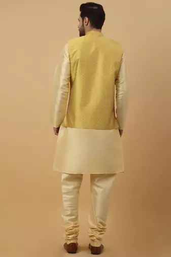 Men's Beige Kurta and Churidar With Sequenced Cotton Silk Nehru Jacket