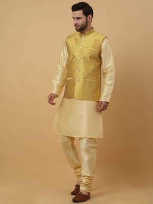 Men's Beige Kurta and Churidar With Sequenced Cotton Silk Nehru Jacket 6