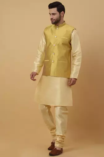 Men's Beige Kurta and Churidar With Sequenced Cotton Silk Nehru Jacket